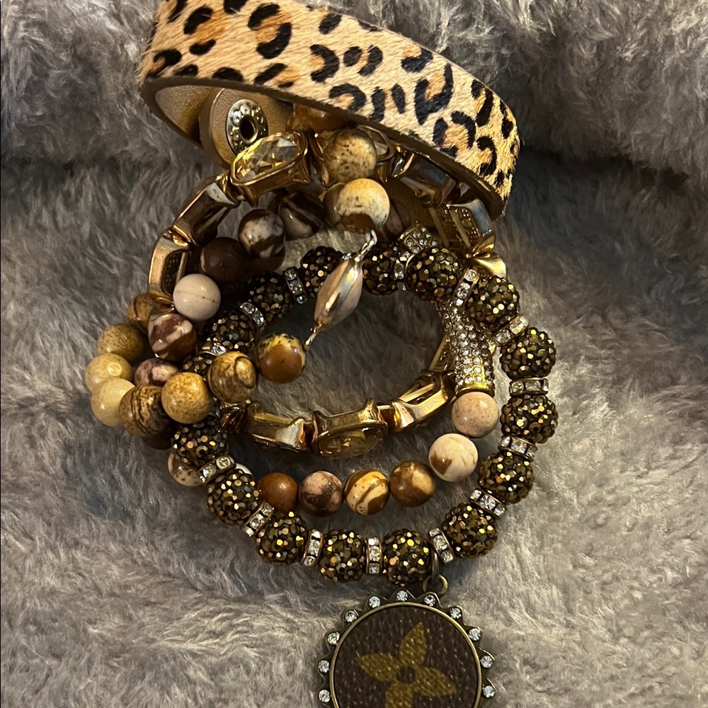 Leopard Print and Brown Beaded Bracelet Set